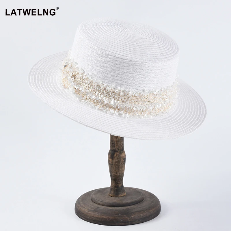 

New Fashion Luxury Brand Ladies Beach Hat Summer White Straw Hat For Women UV Hat White Flat Visor Sun Caps Panama Hat Wholesale