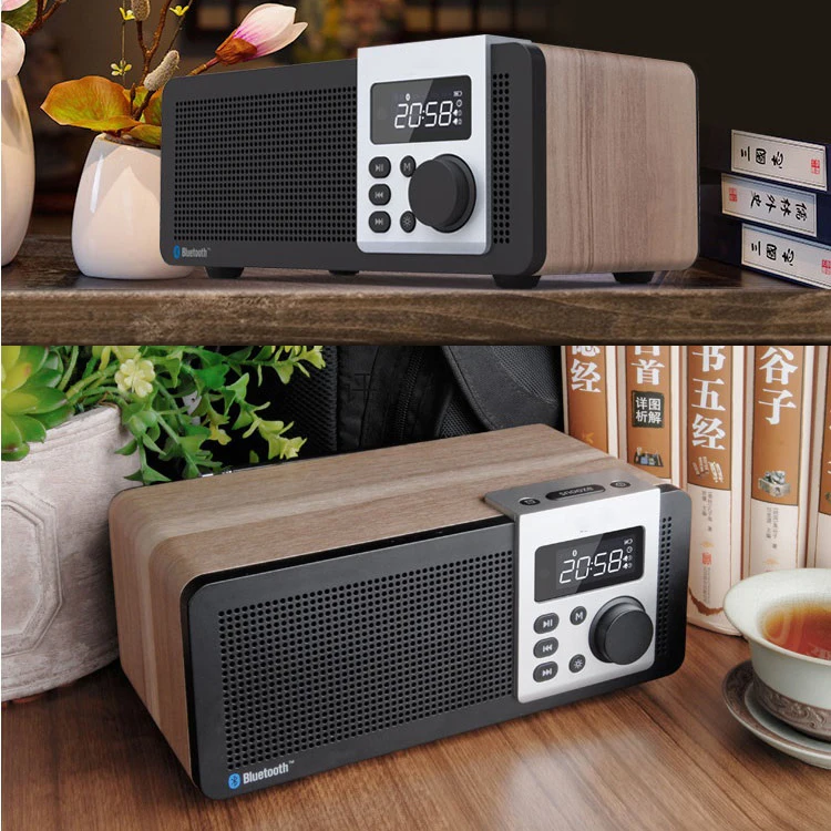 Wireless bluetooth wooden speakers Dual stereo radio portable multi-media Mini alarm clock sound su