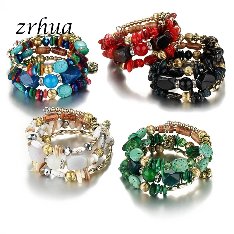 Best ZRHUA Brand Women Boho Multilayer Beads Charm Bracelets for Girls Vintage Resin Stone Bracelets amp; Bangle Pulseras Ethnic Jewelry