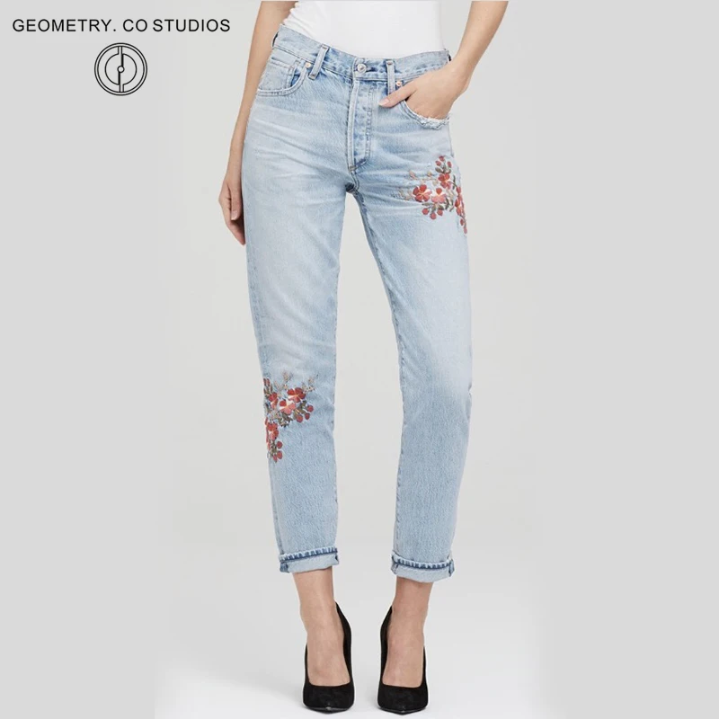 Flower embroidery jeans female Light blue casual pants capris 2017