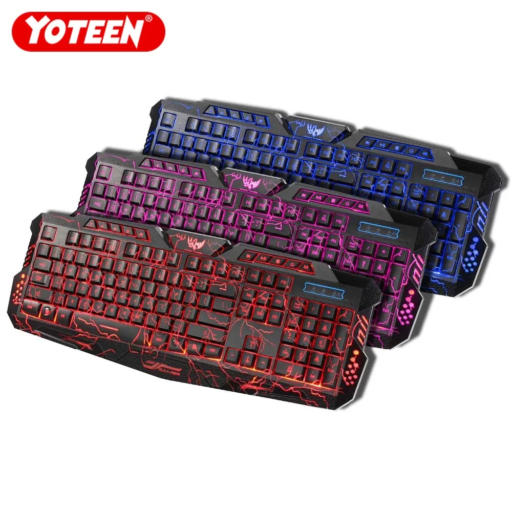 

Yoteen Crack Backlit Russian USB Wired Gaming Keyboard 3 Color Adjustable Backlights LED for Computer Mac with Multimedia Button