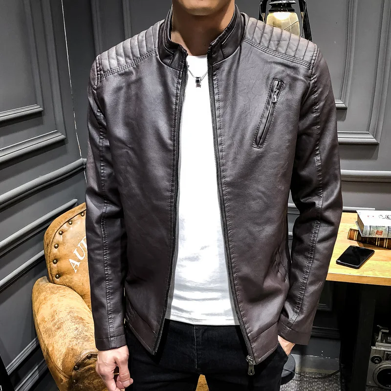 High Quality Fashion Leather Jacket Men Solid PU Stand Collar Jacket Coats Mens Slim Fit Youth Moto Jacket Male Plus Size 3XL