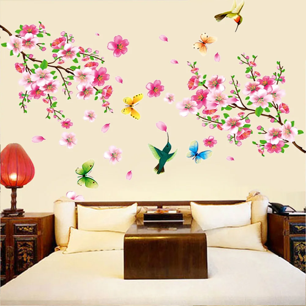 Elegant Flower Wall Stickers Graceful Peach Blossom birds Wall Stickers