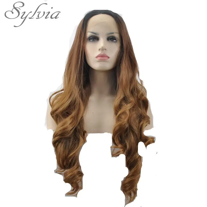 Sylvia Black Root Ombre Brown to Light Brown Long Body Wave Synthetic Lace Front Wig For Women Glueless Heat Resistant Fiber Wig