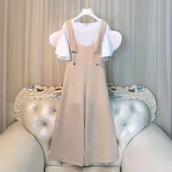 

Plus Size 5xl Women's Summer Suit Pure Color Shirt Strap Wide Leg Pants 2 Piece Set Women Fashion Ensemble Femme Survetement