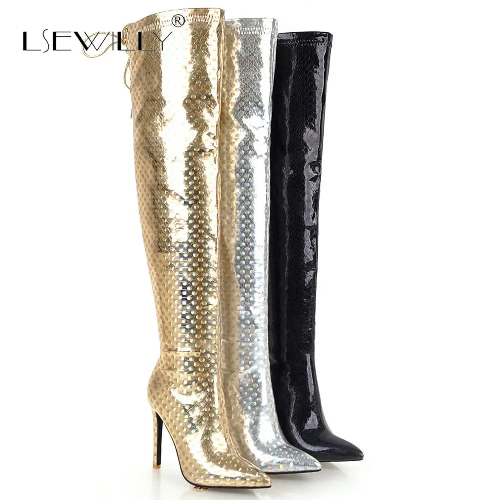 Lsewilly блестящие тканевые длинные сапоги выше колена с острым носком золотые