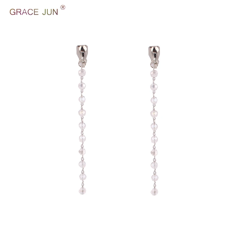 

GRACE JUN Handmade Long Tassel Crystal Clip on Earrings No Pierced Fashion Popular White Gold Color No Hole Earrings Wholesale