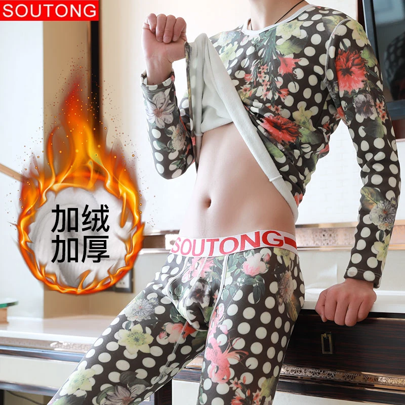 Soutong Thermal Underwear For Men Cotton Winter Round Neck Warm Printed Men's Underwear Thick Thermal Underwear