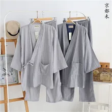 kimono sleepwear Men 100% cotton gauze three quarter sleeve stripe japanese style Men’s Sleep Lounge kimono Pajama set