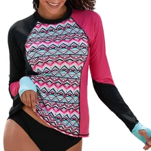Для женщин с длинным рукавом для плавания Топ контрастный Цвет блузка купальный костюм