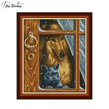 

Joy Sunday Stamped Cross Stitch Fabric Dog Patterns DMC DIY Embroidery Stitch Kit Aida Fabric Cross Printed Canas Needlework Set