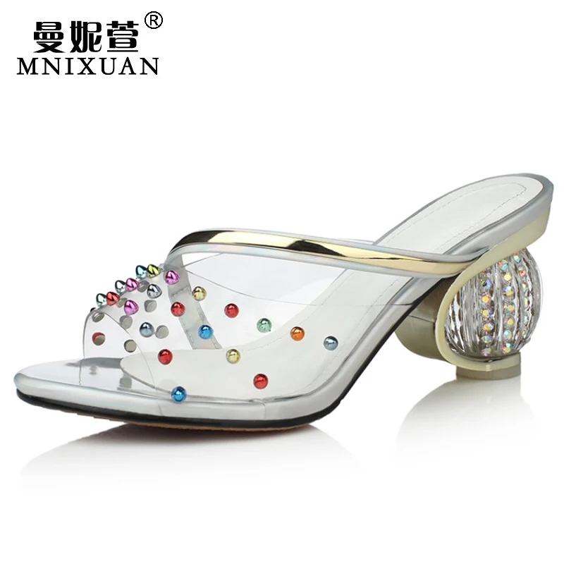 

Transparent shoes nude heels women strange  high heels crystal shoes bridal 2017 summer slip on open toe casual slides silver