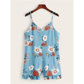 

Women casual V neck sleeveless floral print strap tops ladies beach club party short jumpsuit bodysuit