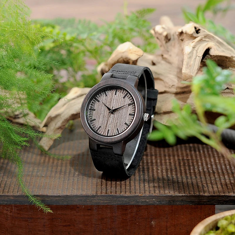 BOBO BIRD Ebony Watch Men Wooden Quartz Watch Leather Straps Wristwatches Men's Great Gift relogio masculino Drop Shipping