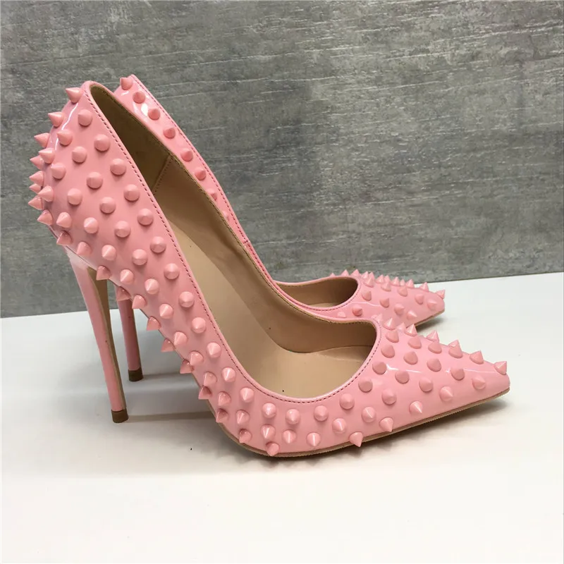 

Free shipping fashion women pumps Casual pink studded spikes pointed toe high heels shoes 12cm 10cm 8cm Stiletto heeled