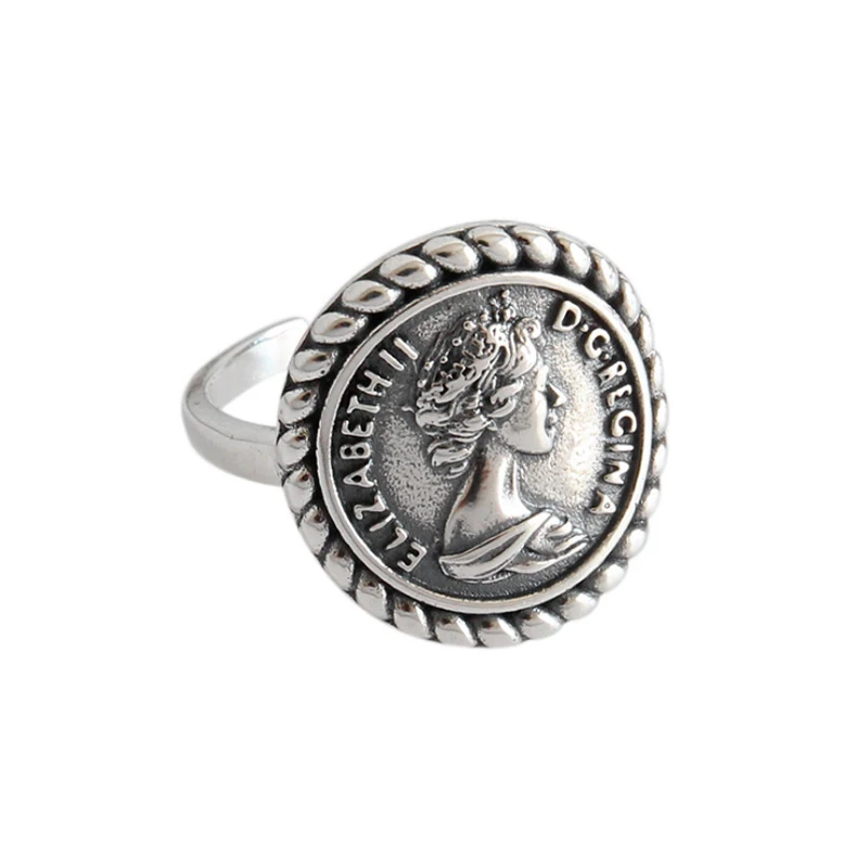 F.I.N.S Vintage Old 925 Sterling Silver Rings for Women Retro Round Elizabeth Portrait Finger Ring Female Costume Fine Jewelry - Цвет основного камня: Antique Silver