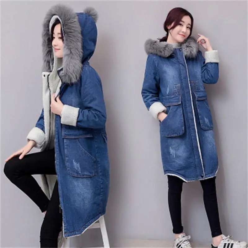 

fashion women's winter new style long hooded thick fur collar denim cotton lamb coat jacket cotton clothes Ms. windbreaker Loose