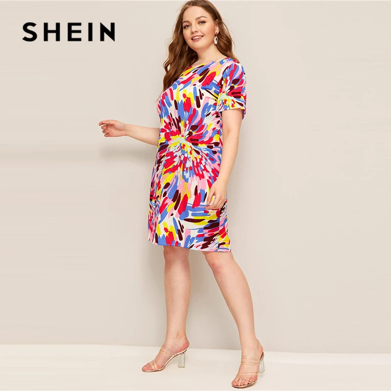 SHEIN Разноцветное Платье Размера Плюс С Принтом Женское Летнее Многоцветное Повседневное Платье С Короткими Рукавами И Круглым Вырезом