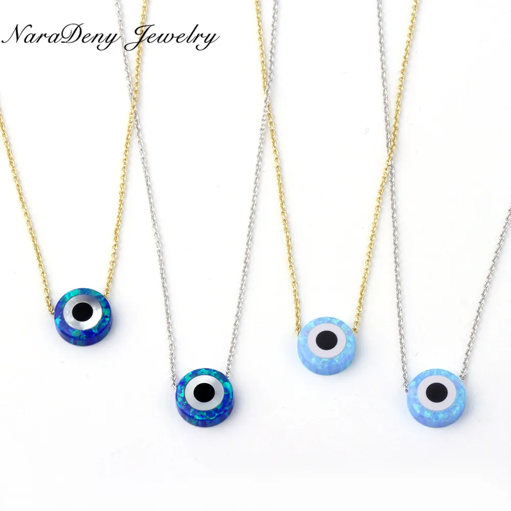 

1PS/Lot OP27 dark blue/OP06 light blue 10mm synthetic opal Evil eye Turkish necklace with 925 silver chain or gold