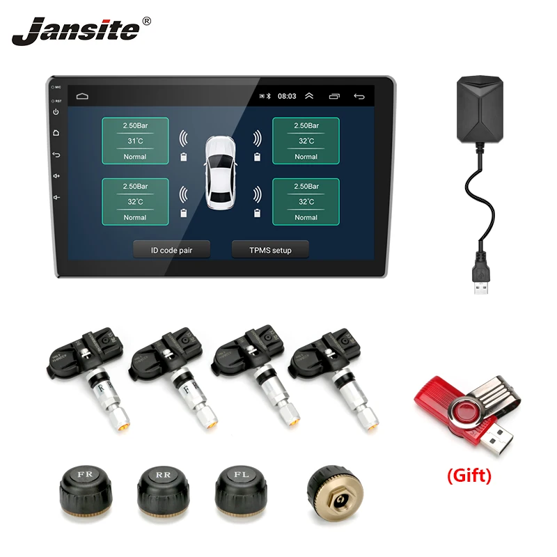

Jansite USB Car TPMS for Android player Tire Pressure Alarm Monitor System Security Warning Wireless transmission with 4 Sensors