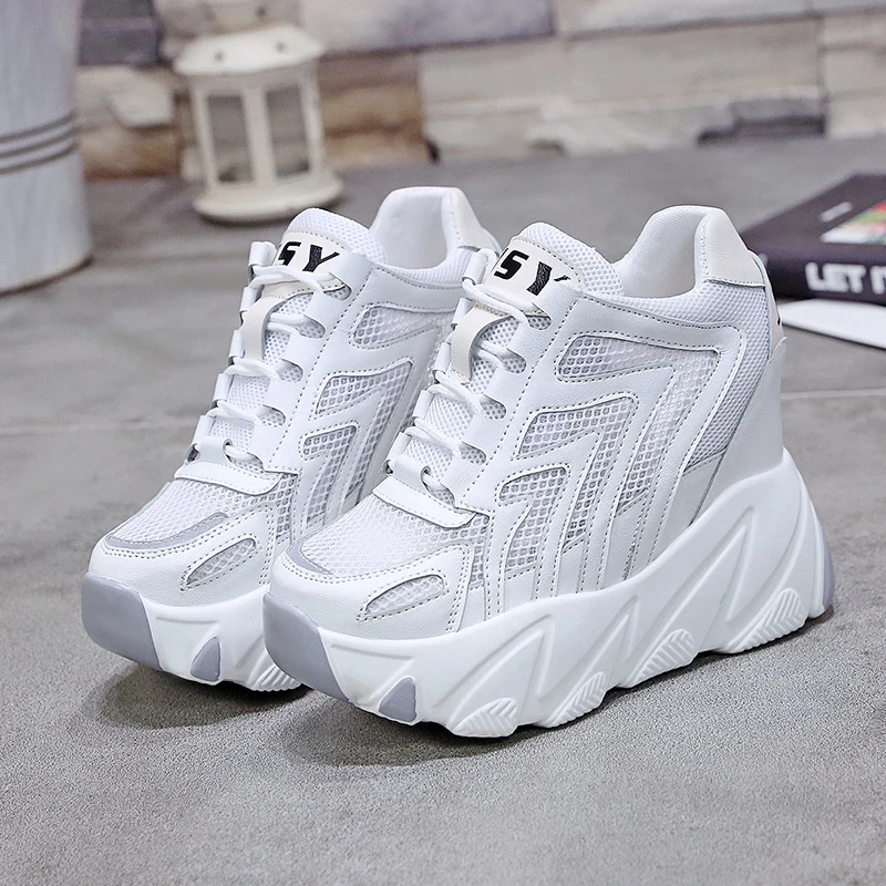 Women Sneakers Platform High Heels Mesh Breathable Wedge Casual Shoe 10CM Summer Thick Sole Woman Outdoor Shoes White