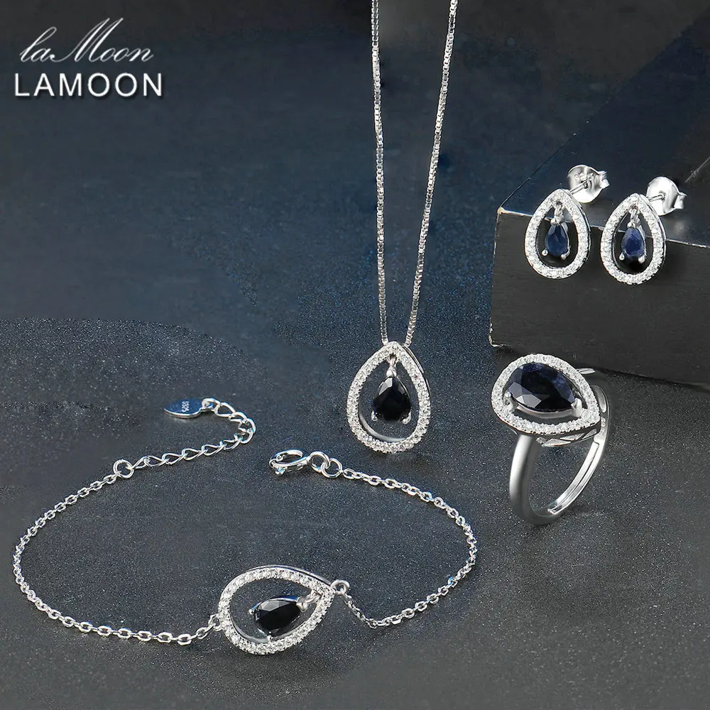 LAMOON X5mm в форме капли 100% настоящий синий сапфир серебряные ювелирные изделия