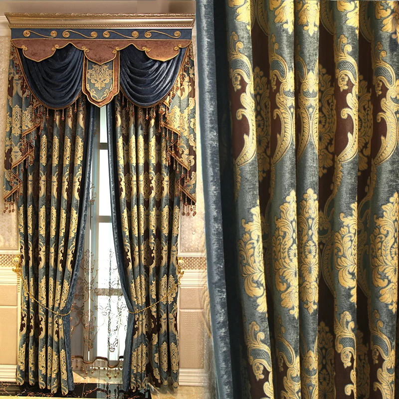 Custom curtains European luxury Jacquard embroidery yarn noble blue
