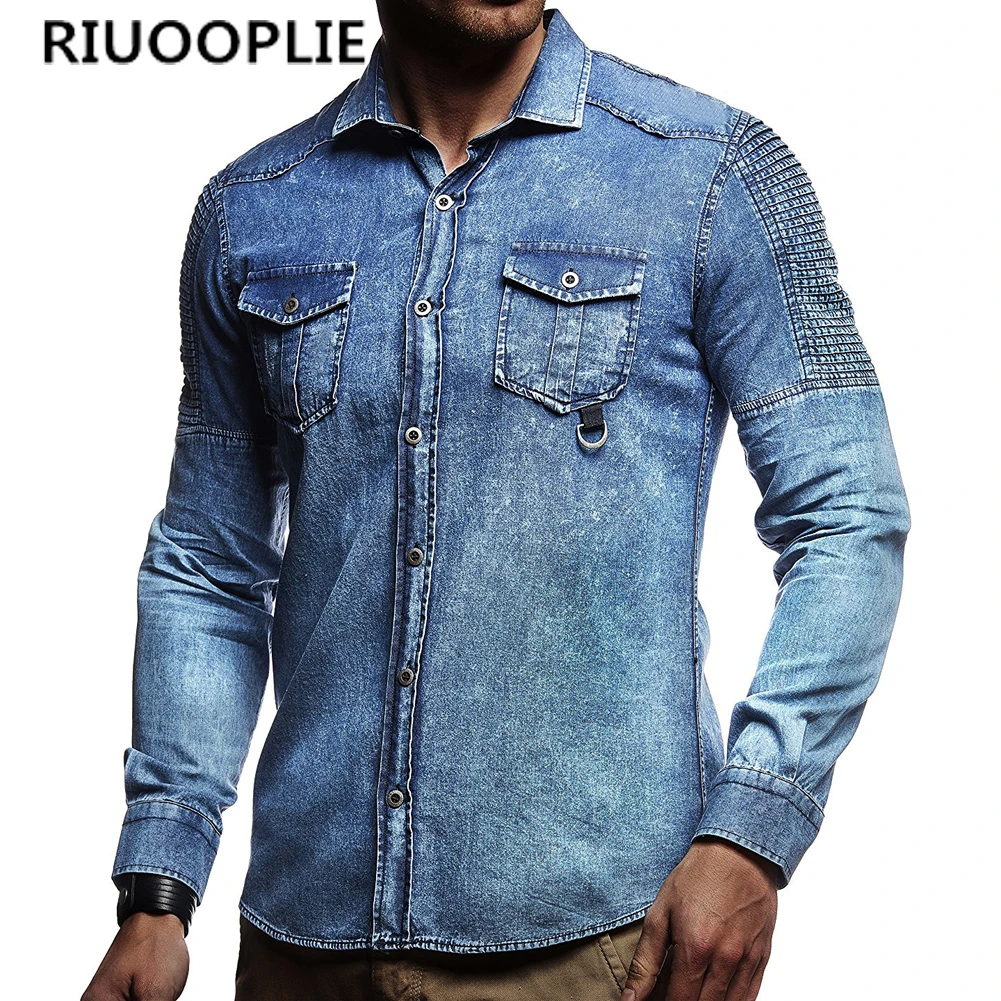 Мужские джинсовые рубашки RIUOOPLIE винтажные с длинным рукавом и