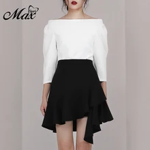 Max Spri 2019 New Fashion Office Lady 2 Piece Sets Slash Neck Three Quarter Sleeves Crop Top Ruffles Asymmetrical Hem Mini Skirt white oversize mock neck irregular hem asymmetrical top