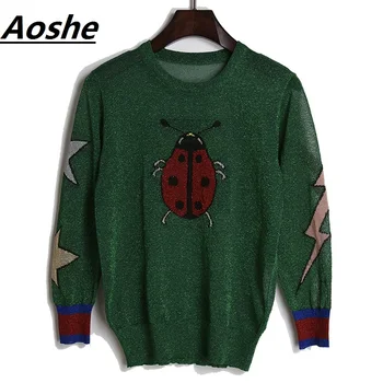 

Aoshe Sweater Women 2018 New Fashion Design Ladybug Butterfly Jacquard Jumpers Casual Knitted Sweaters Tops Casual Pullover pull