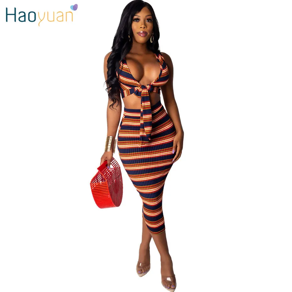 

HAOYUAN Striped Ribbed Knit Sexy Two Piece Set Women Crop Top and Midi Skirt Club Outfits Summer Festival Clothing Matching Sets