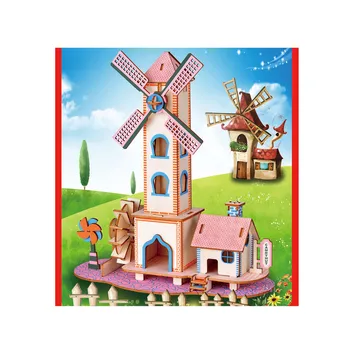 

Assembly Kit DIY Educational Toy 3D Wooden Model Puzzles Cartoon Child Windmill House
