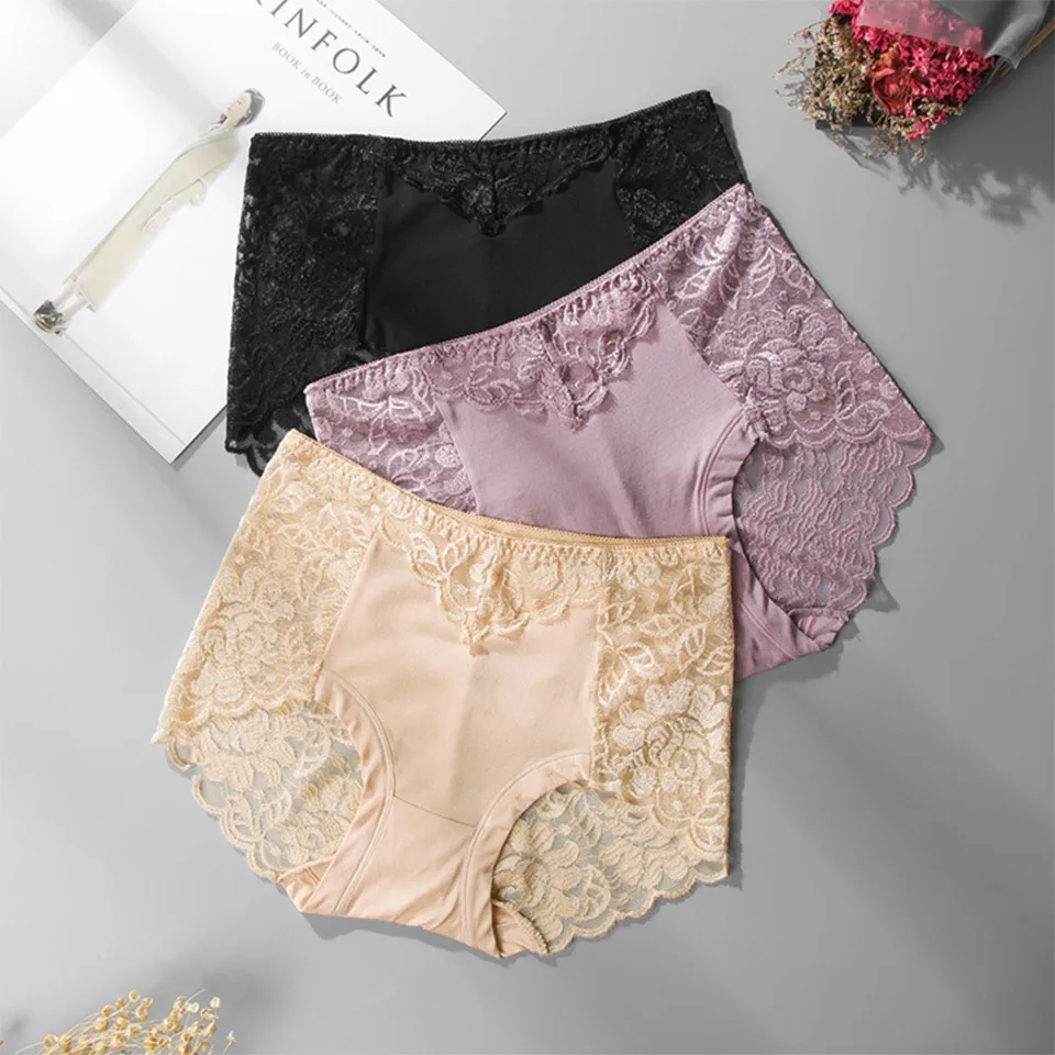 3Pcs/Lot Sexy Full Lace Panties Women High Waist Briefs Female Seamless Underwear Solid Color Breathable Lingerie M-3XL Big Size