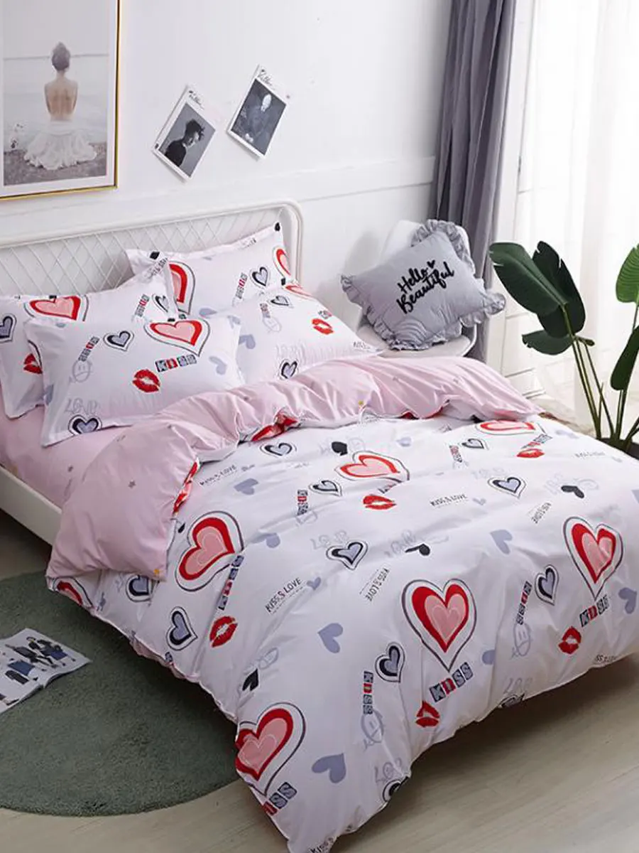 

4 Pcs Duvet Cover Set Sweet Heart Pattern Cozy Home Bedding Set