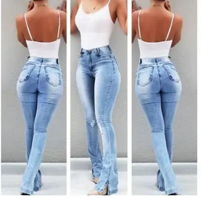Летние женские джинсы в европейском и американском стиле, эластичные обтягивающие штаны в стиле ретро, расклешенные с широкими штанинами, штаны с разрезом jea