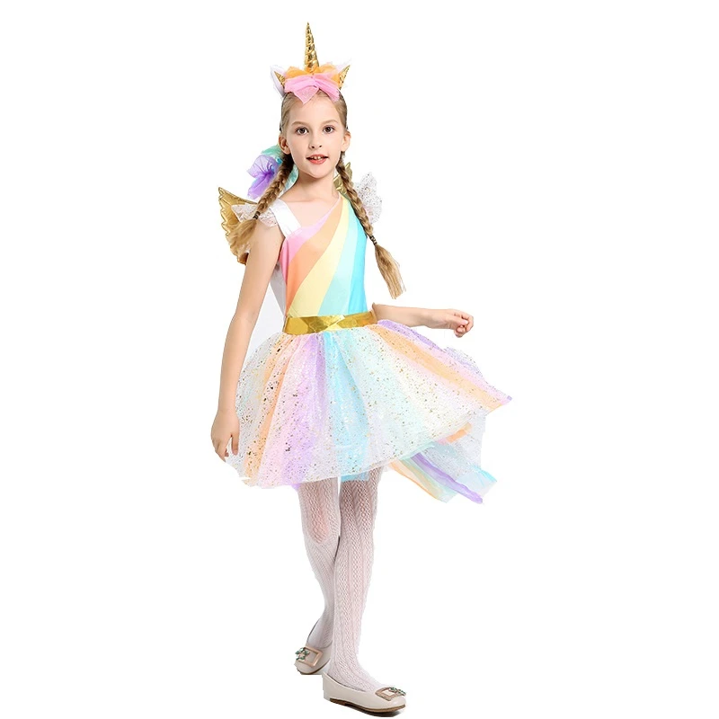 

Girls Unicorn Fancy Dress for kids Costume Rainbow Sequined Tutu Wedding Party Dress with Hair Hoop Wings for Cosplay Costumes