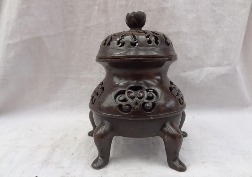 

song voge gem S5165 8" Chinese Bronze Buddhism 5 Leg Lotus Statue Tibet Style Incense Burner Censer