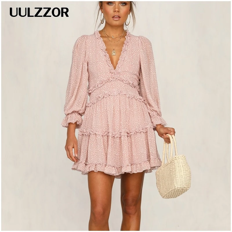 

UULZZOR 2019 Print Dresses Bohemian Backless Elegant dress Ruffles Women dresses autumn Sexy Deep V Long Sleeve female Vestidos