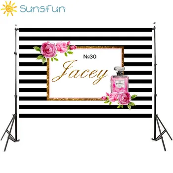 

Sunsfun Black and White Stripes Photography Backdrop Pink Floral Party Baby Shower Backdrop for Photo Booth Background 7x5ft