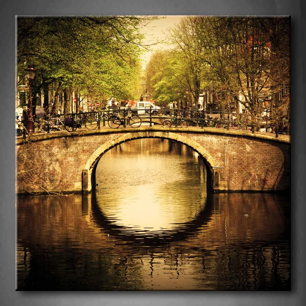 

1 Pic Framed Wall Art Pictures Bridge Town River Vehicle Canvas Print Architecture Posters With Wooden Frames For Decor