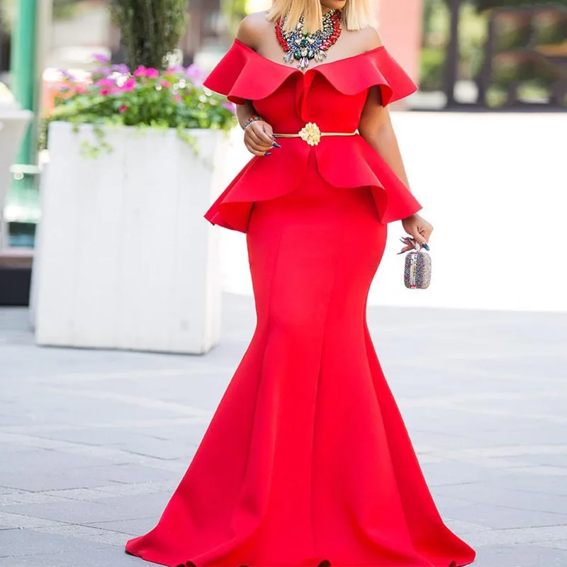 2019 European and American big-size women's clothing explosion lotus leaf side open shoulder sexy dress one-word | Женская одежда
