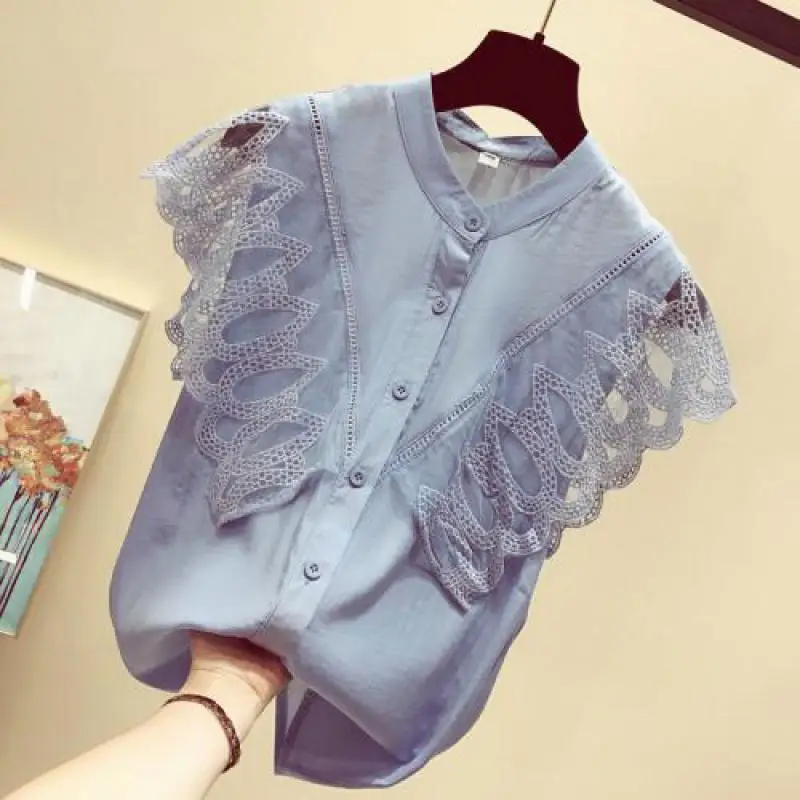 

Women Patchwork Lace Blouse Mujer New 2019 Spring Autumn Casual Sleeveless Solid Tops Ladies Slim White Shirt Clothing