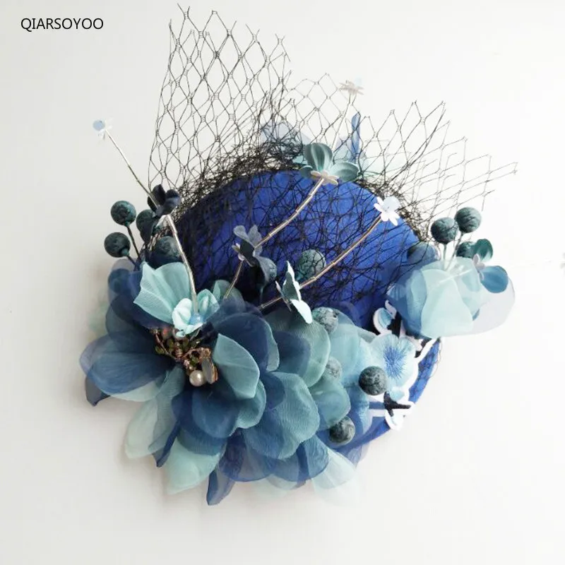 

Vogue Ladies Cocktail Fruit Fascinator Hat Blue Beige Silk Felt Flower Wedding Party Hat Hair Clip For Women Party Headdress