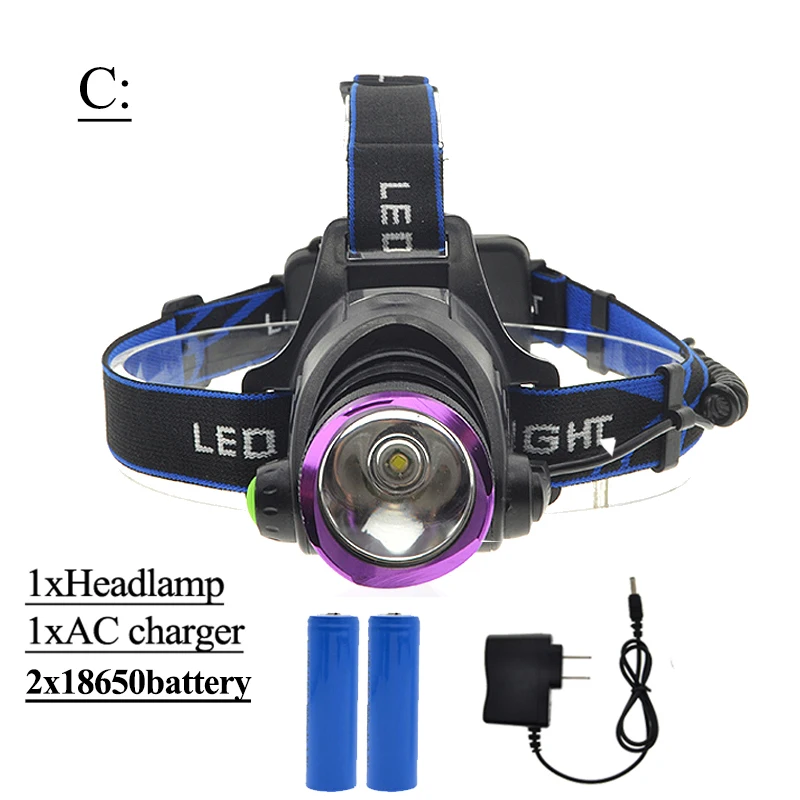 Светодиодный налобный фонарь 2000 лм XM-L T6 Перезаряжаемый Головной фонарь+ 2 шт 18650 батарея+ зарядное устройство - Испускаемый цвет: C