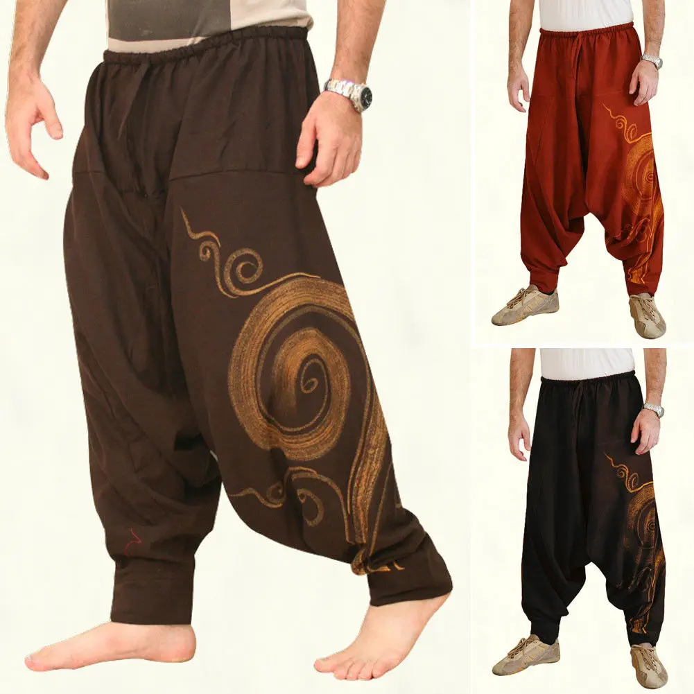 

2019 Cool Hip Hop Japanese Retro Baggy Cotton Linen Harem Pant Men Wide Leg Boho Pants Wide Leg Harem Trousers Cross-pants