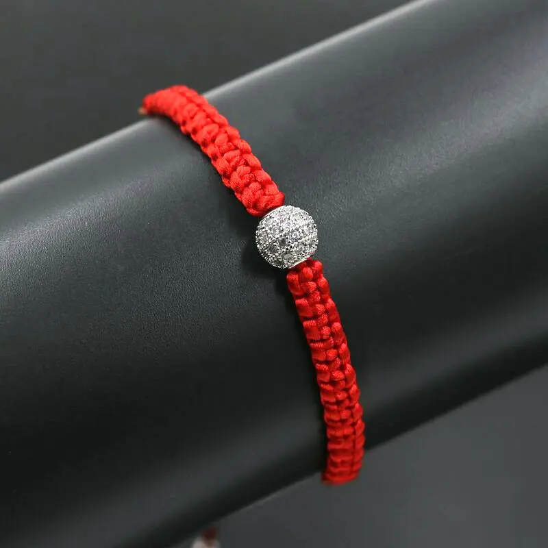 Copper Micro Pave Zircon Crystal Balls Red Thread Braid Bracelets Lucky