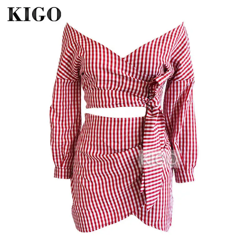 

Women Sexy Two Piece Set Plaid Printed Two Piece Set Top and Skirt V Neck Long Sleeve Summer 2 Piece Set Boho Clothing KD1864H