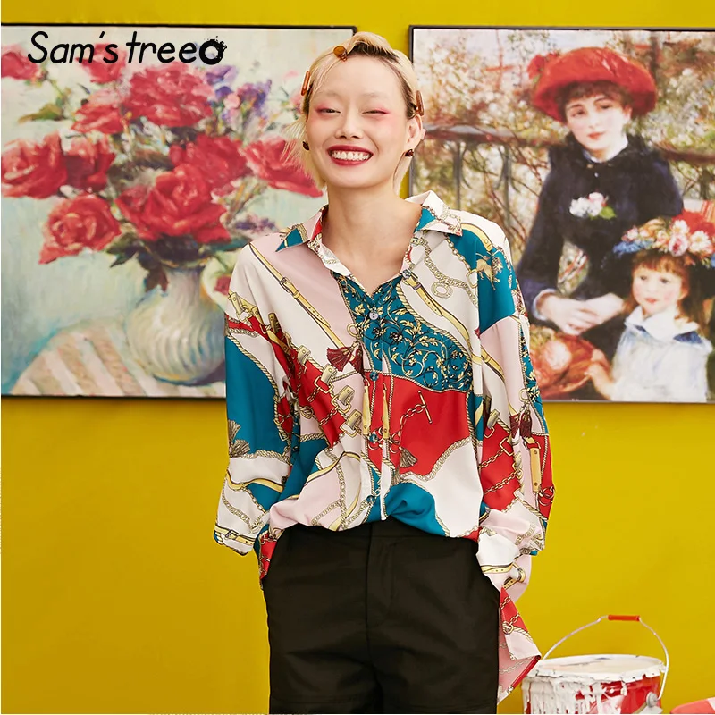 

Samstree Vintage Print Women Shirts,2019 Autumn Full Sleeve Korea Loose Female Blouses Fashion Casual Office Lady Chiffon Tops