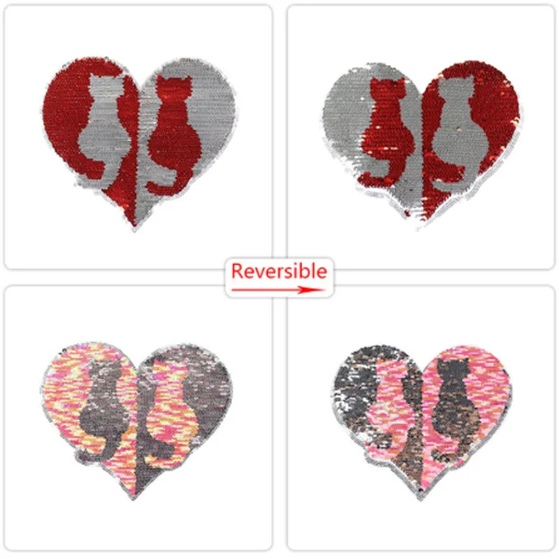

T-shirt Girl Patch 19cm The Love Cat Flip Double Sided Patch For Clothing Reversible Change Color Sequins T shirt Women Stickers