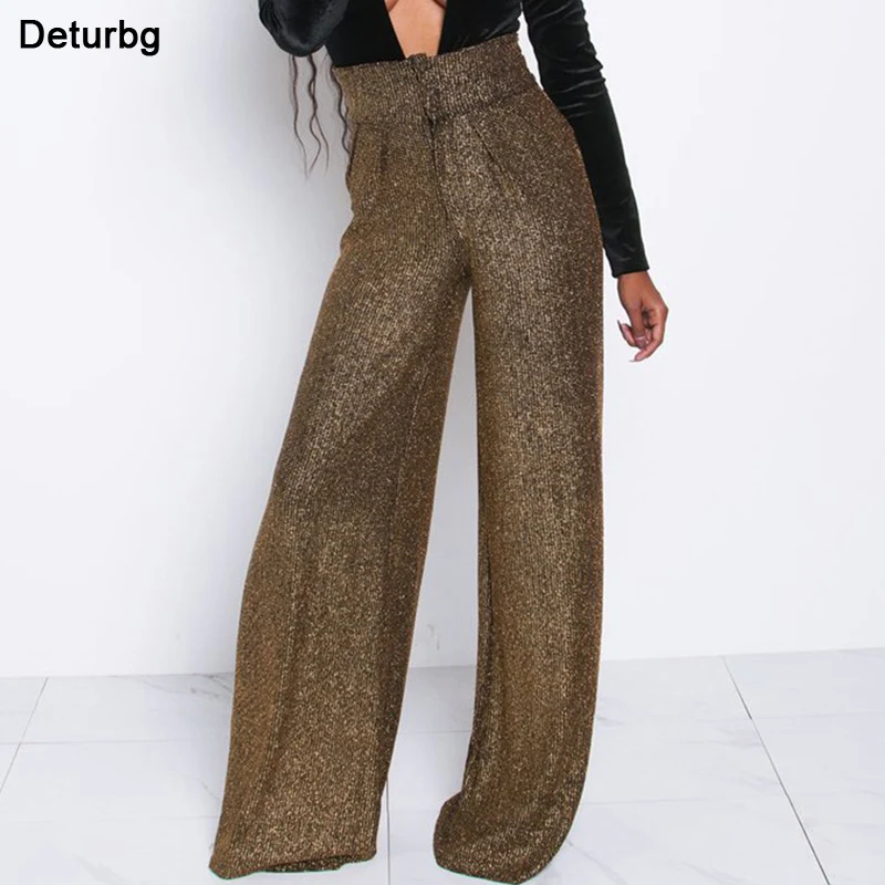 

Womens Fashion Wide Leg Flare Pants Female Casual High Waist Zipped and Buttoned Bright Party Pants Bodycon Trousers 2019 PA51
